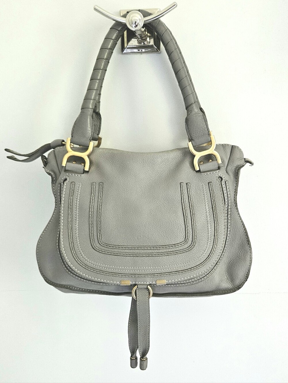 Chloe Marcie Medium Gray Grained Leather Double Carry Satchel